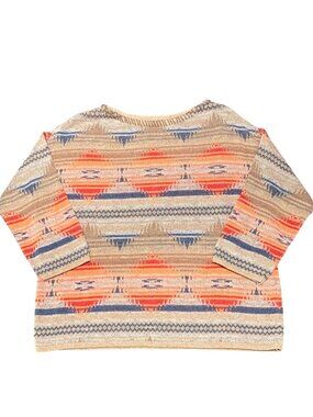 Chaps Tan Orange Blue Southwest Aztec Print Sweater 3/4 Sleeves Womens Large